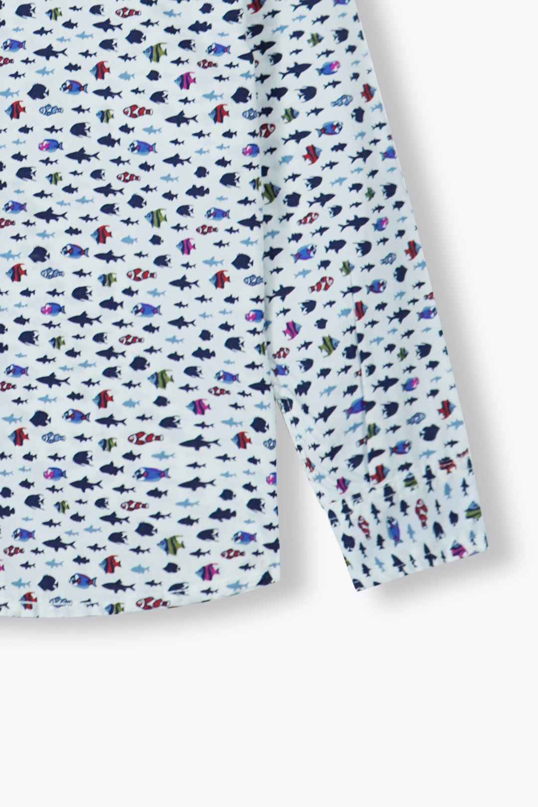 Boys Summer Cotton Shirt with Trendy Fish Print - Long Sleeve