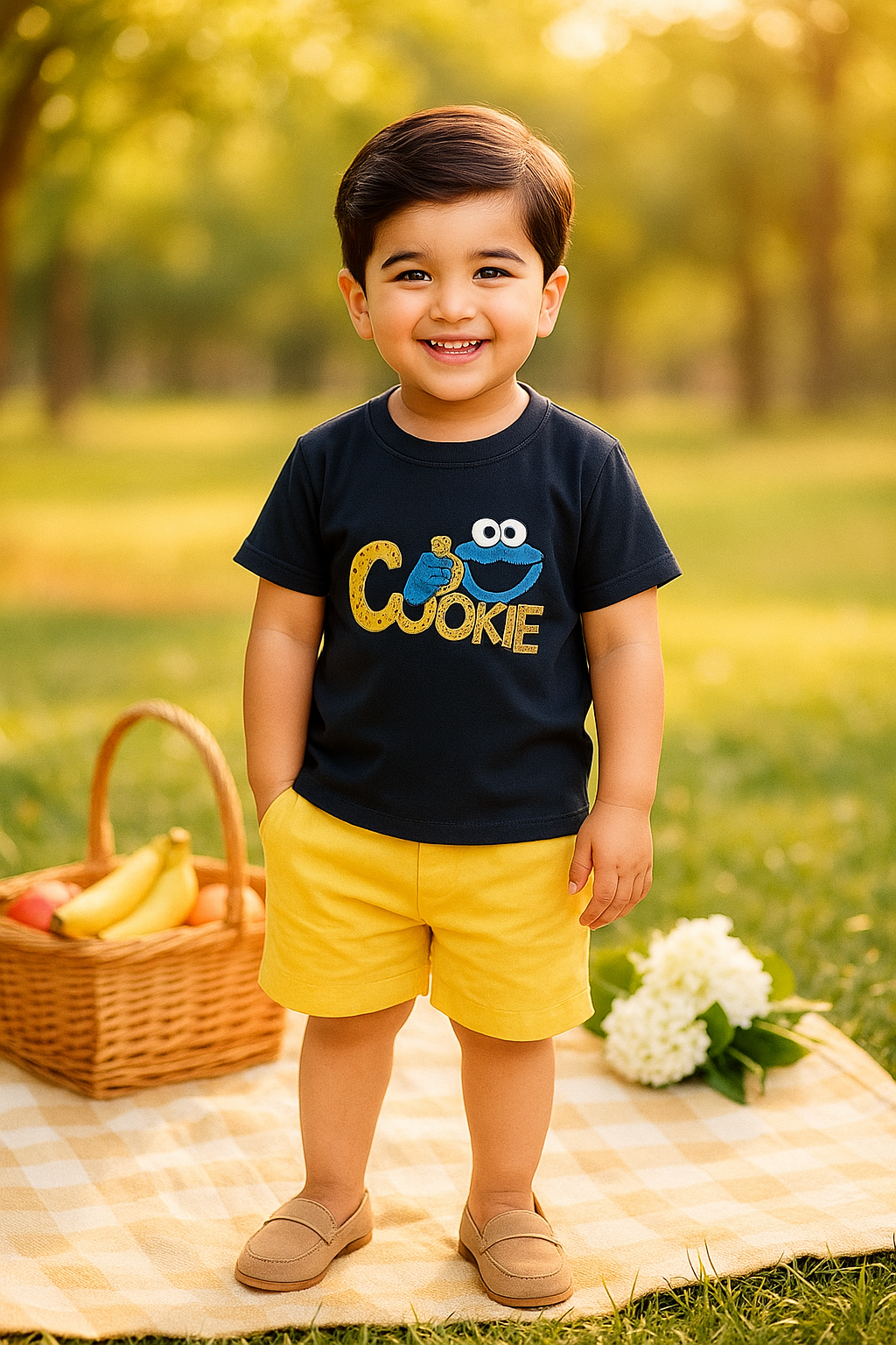 Cookie Monster Kids Outfit - Black T-Shirt & Yellow Shorts Set for Trendy Summer Wear