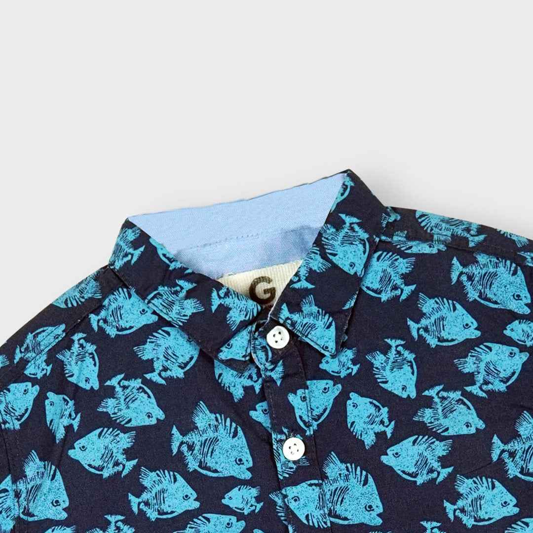 Kids Navy Blue Fish Print Shirt - Cotton Summer Casual Wear