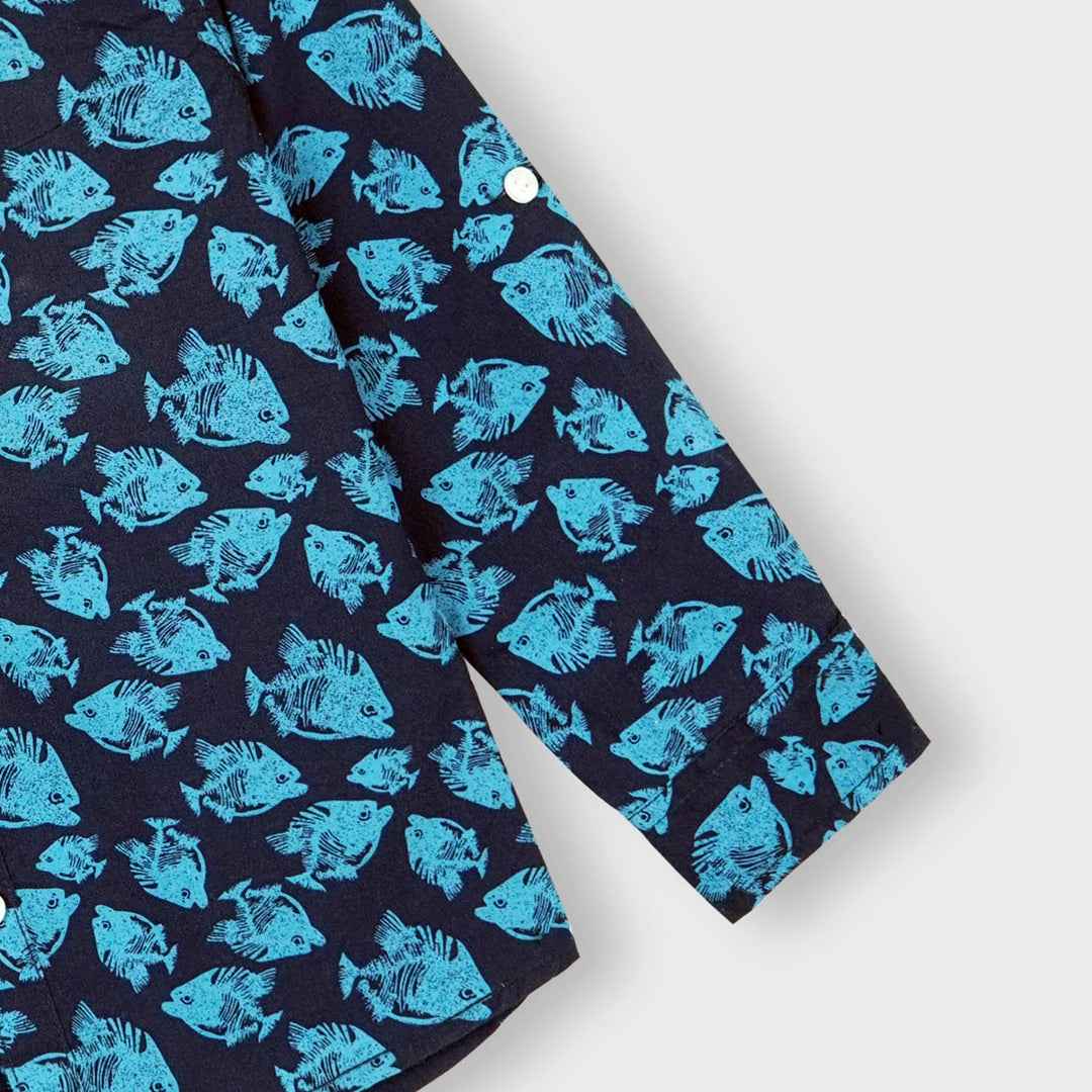 Kids Navy Blue Fish Print Shirt - Cotton Summer Casual Wear