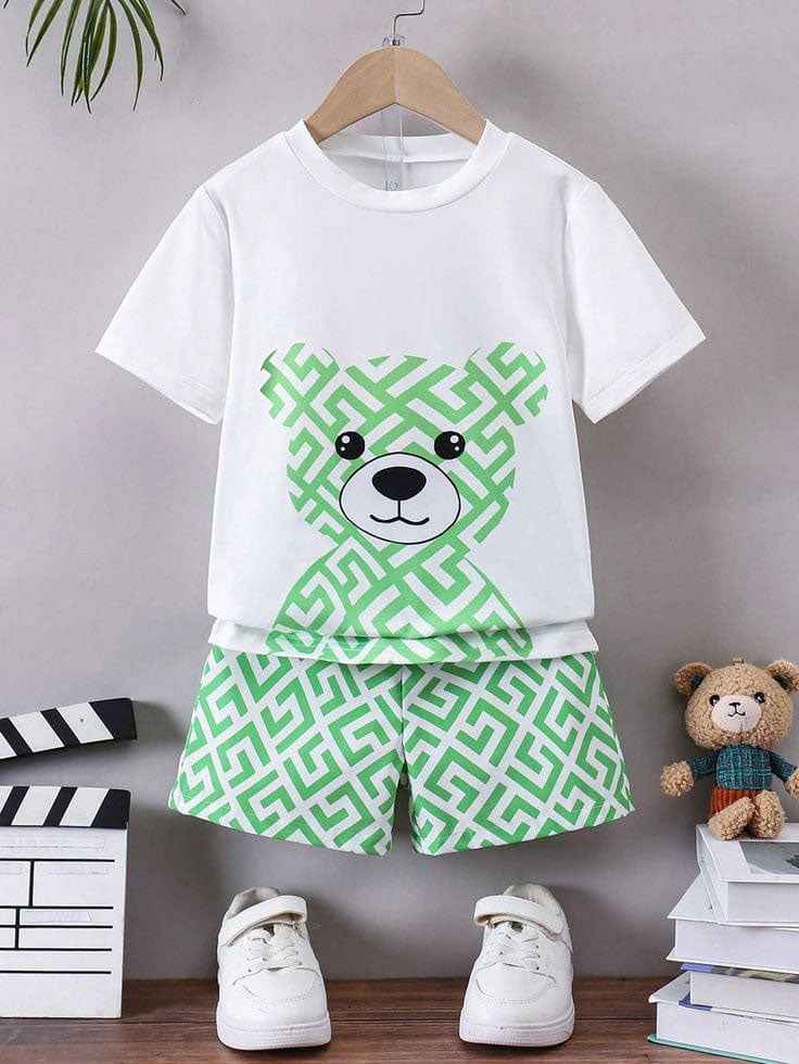 Trendy Kids Bear Print Summer Outfit – Cotton T-Shirt & Shorts Set