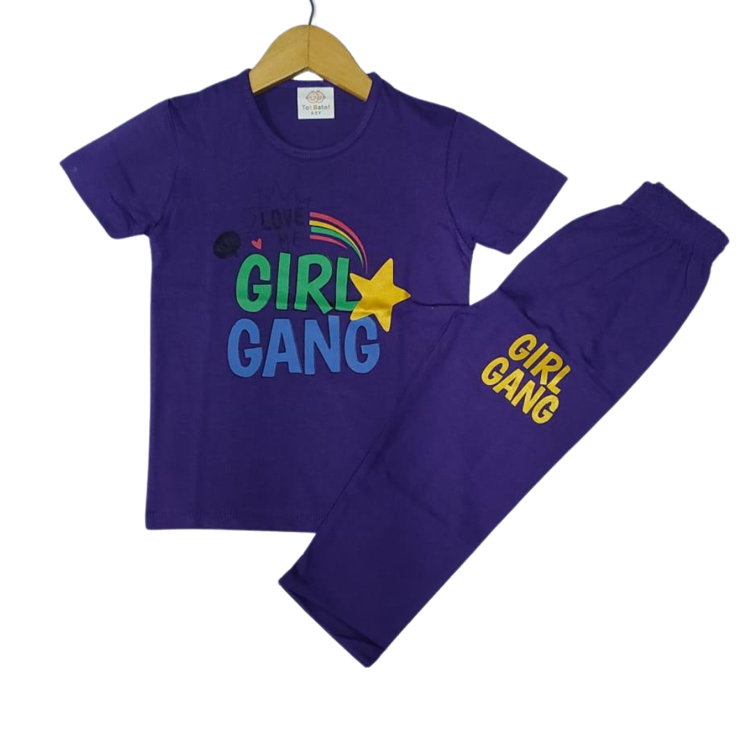 Girls Cotton Night Suit Set - Trendy "Girl Gang" Print in Purple