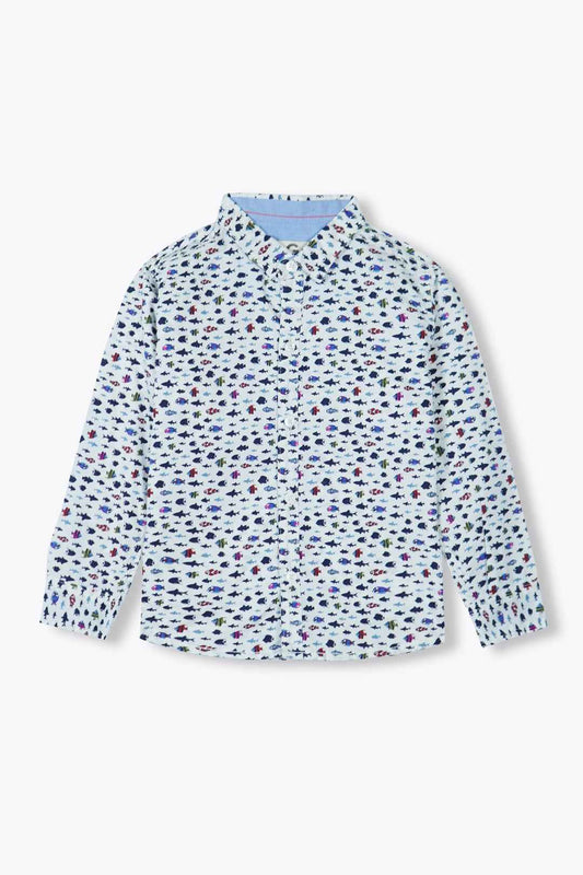 Boys Summer Cotton Shirt with Trendy Fish Print - Long Sleeve