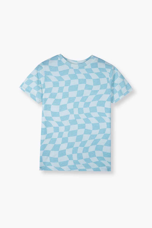 Kids Summer T-Shirt – Trendy Blue Optical Checkered Print
