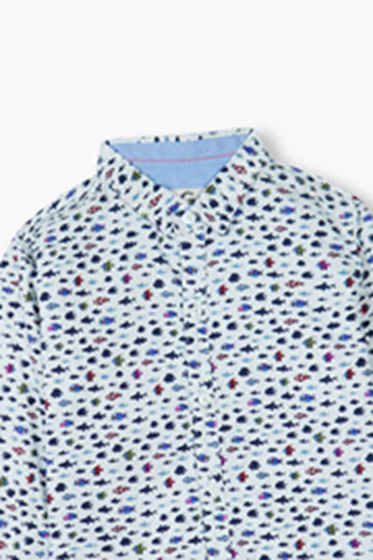 Boys Summer Cotton Shirt with Trendy Fish Print - Long Sleeve