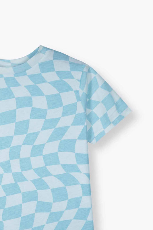 Kids Summer T-Shirt – Trendy Blue Optical Checkered Print