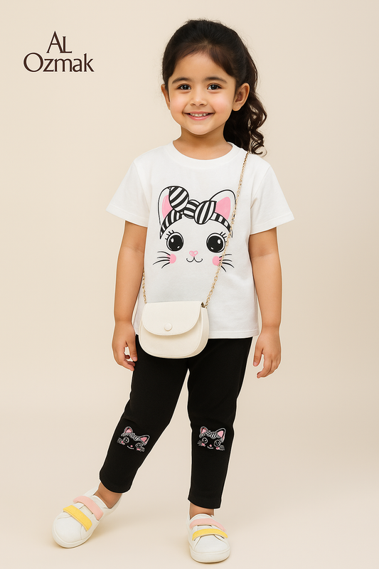 Cute Cat T-Shirt Set for Girls - Cotton Top & Trouser Summer Outfit