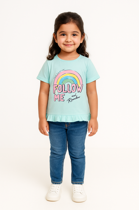 Girls' Rainbow T-Shirt – Cute & Stylish "Follow Me and Rainbow" Design