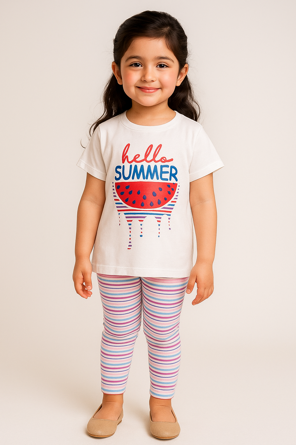 Kids Summer Outfit - Hello Summer T-Shirt & Striped Pajama Set