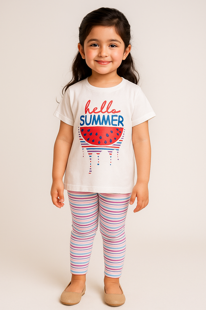 Kids Summer Outfit - Hello Summer T-Shirt & Striped Pajama Set