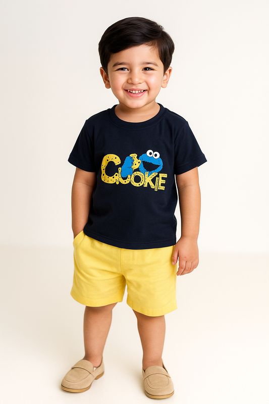 Cookie Monster Kids Outfit - Black T-Shirt & Yellow Shorts Set for Trendy Summer Wear