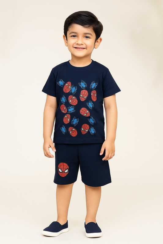 Boys Spidey Print Co-Ord Set - Navy Blue Summer Outfit by Alozmak