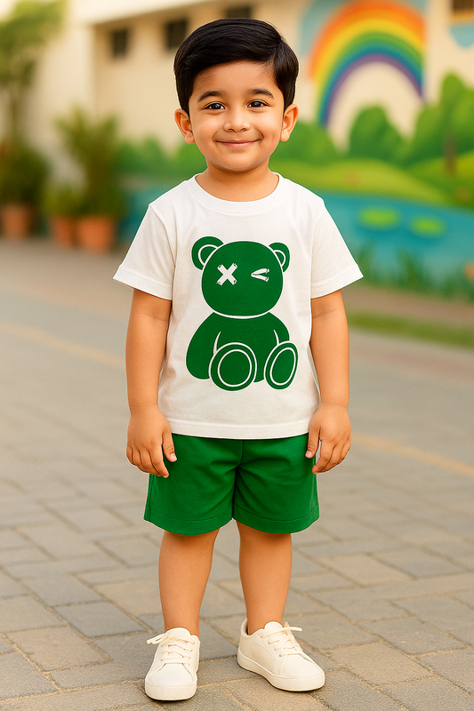 Trendy Kids Cotton T-Shirt Shorts Set - Green Bear Design