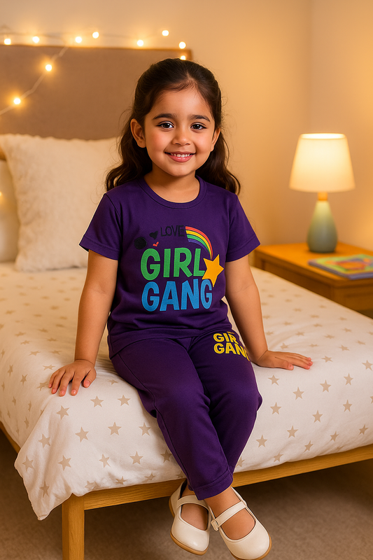 Girls Cotton Night Suit Set - Trendy "Girl Gang" Print in Purple