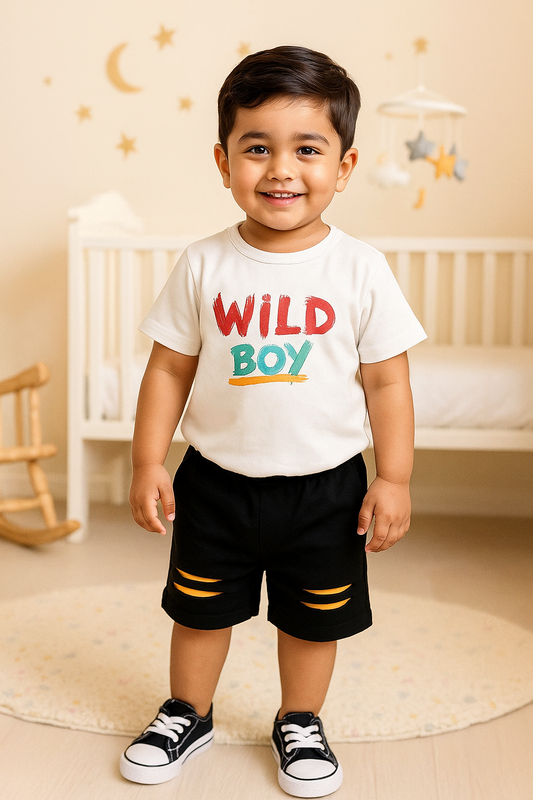 Wild Boy Summer Outfit – Trendy Cotton T-Shirt & Shorts Set for Boys