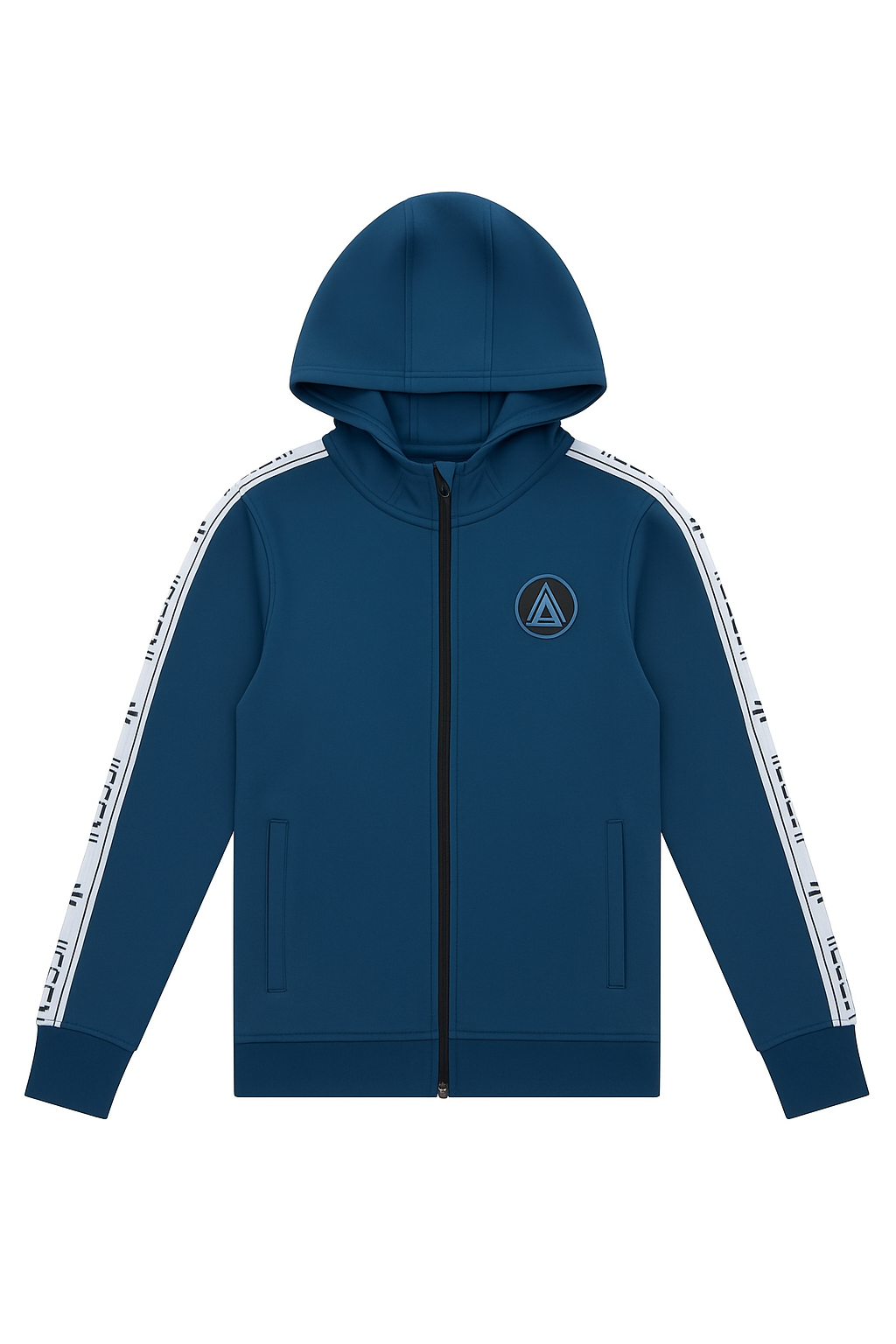 Trendy Blue Hoodie with Logo – White Stripes Stylish Zip-Up - Alozmak