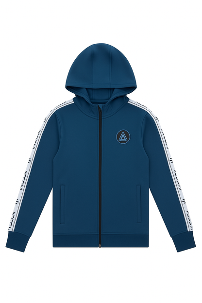 Trendy Blue Hoodie with Logo – White Stripes Stylish Zip-Up - Alozmak