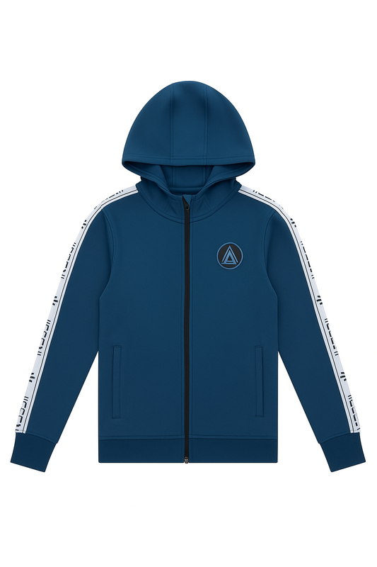 Trendy Blue Hoodie with Logo – White Stripes Stylish Zip-Up - Alozmak