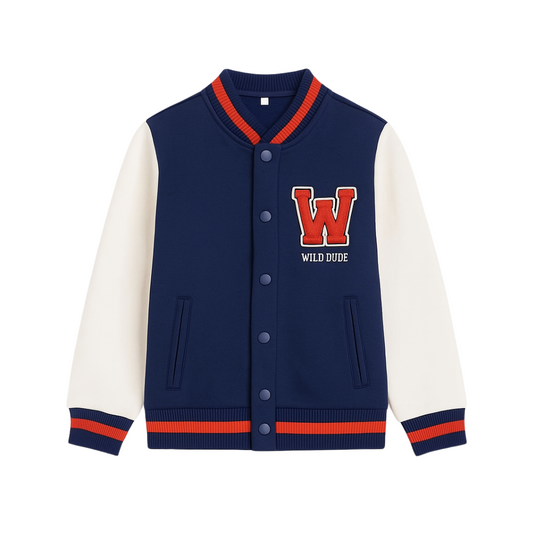 Varsity Jacket Winter Fashion - Wild Dude Navy, White & Red Contrast