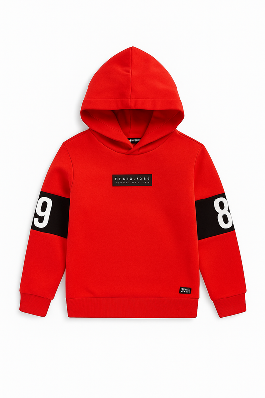 Streetwear Hoodie – Red | Black Stripes | Number Patch – Export Grade