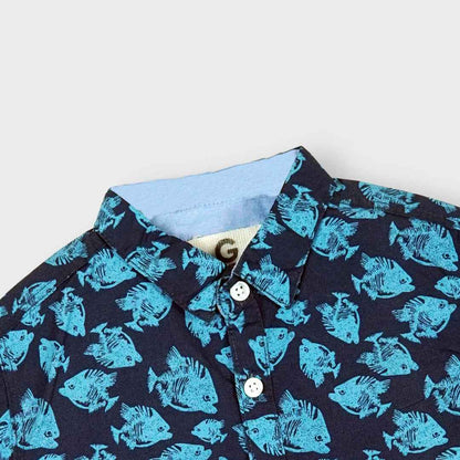 Kids Navy Blue Fish Print Shirt - Cotton Summer Casual Wear
