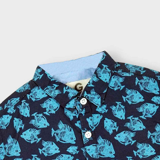 Kids Navy Blue Fish Print Shirt - Cotton Summer Casual Wear