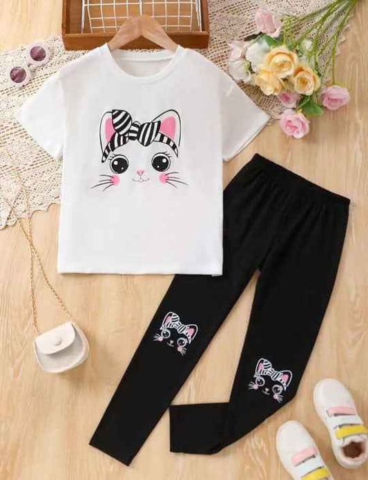 Cute Cat T-Shirt Set for Girls - Cotton Top & Trouser Summer Outfit