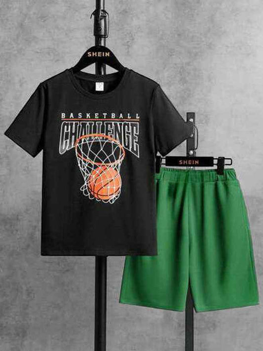 Boys' Basketball T-Shirt Set – Cotton Print T-Shirt & Shorts for Summer Trend