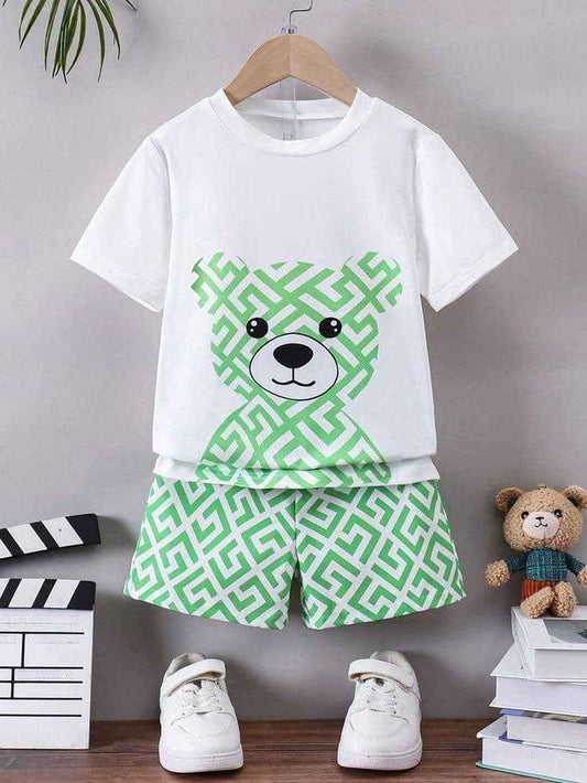 Trendy Kids Bear Print Summer Outfit – Cotton T-Shirt & Shorts Set