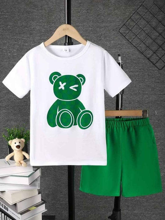 Trendy Kids Cotton T-Shirt Shorts Set - Green Bear Design
