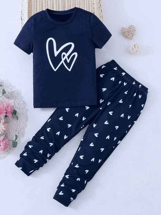 Navy Blue Heart Print Kids Outfit for Trendy and Comfortable Summer Wear