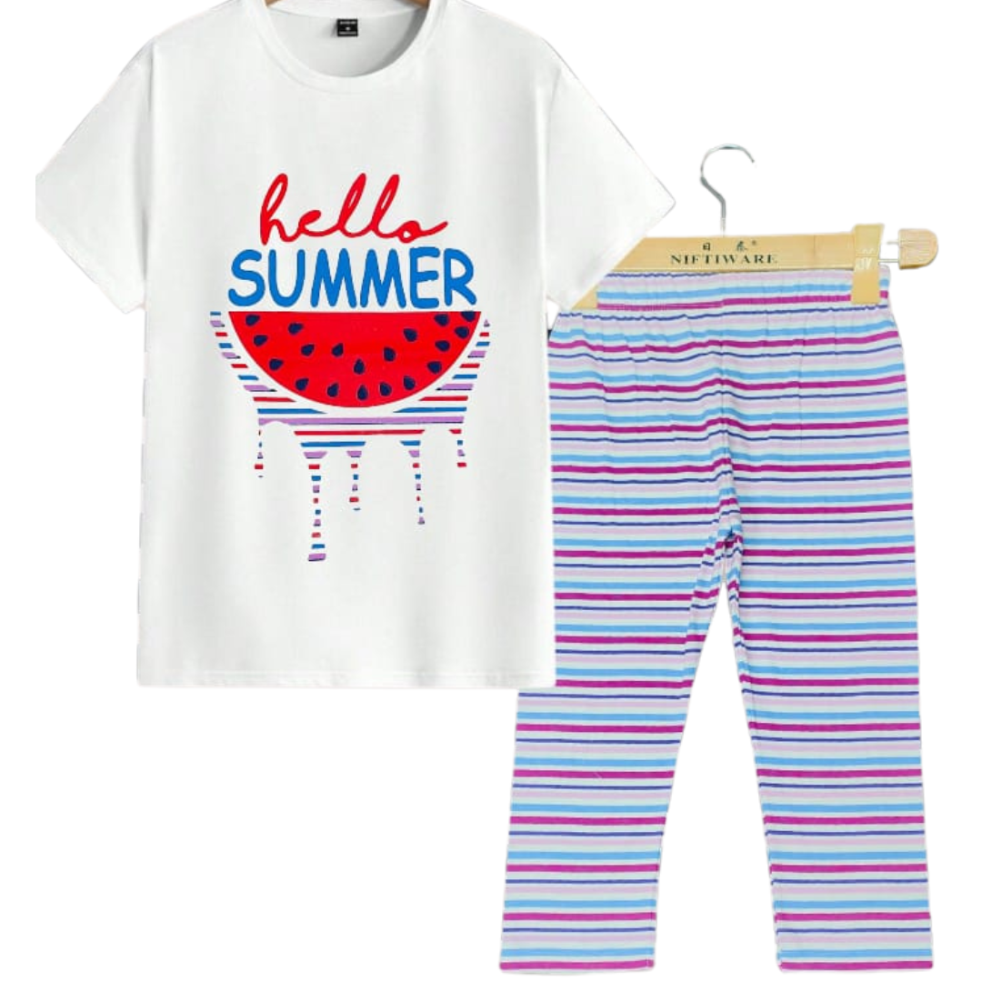 Kids Summer Outfit - Hello Summer T-Shirt & Striped Pajama Set