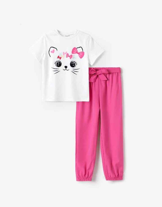 Girls' Trendy Cat Face T-Shirt & Bow Waist Pants Set – Summer Cotton Outfit
