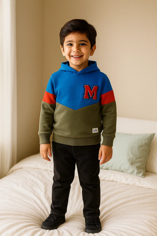 Trendy Kids Color-Block Hoodie in Blue, Olive & Red – Perfect Winter Wear
