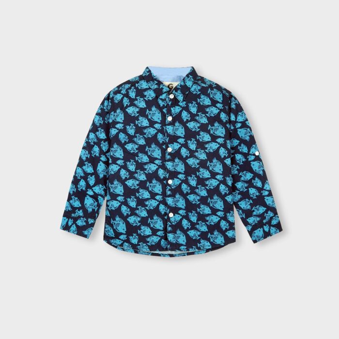 Kids Navy Blue Cotton Shirt with Fish Print – Summer Casual Wear
