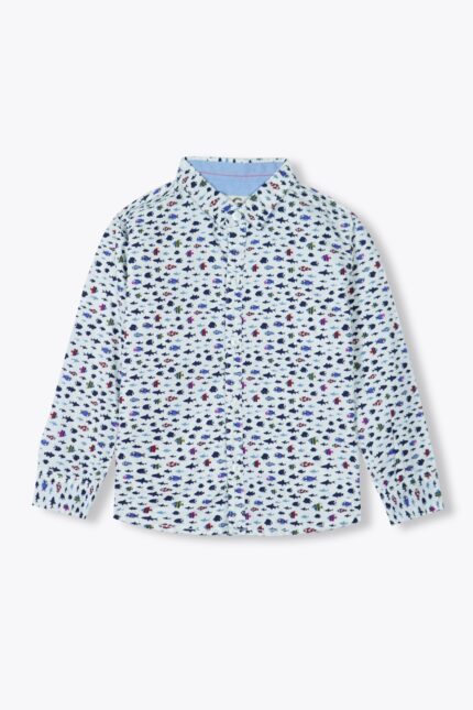 Boys' Summer Cotton Shirt - Trendy Fish Print, Long Sleeve